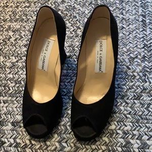 Dolce and Gabbana black satin open toe pumps